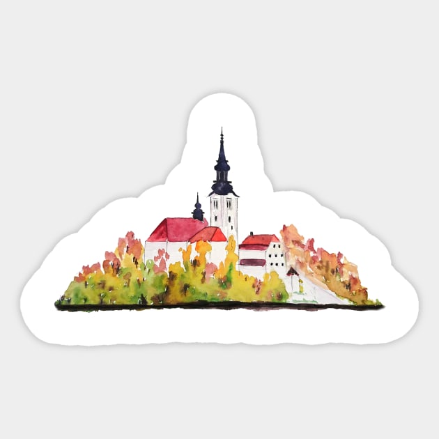 Slovenia  Bled Lake pilgrimage church dedicated to the Assumption of Mary Sticker by colorandcolor